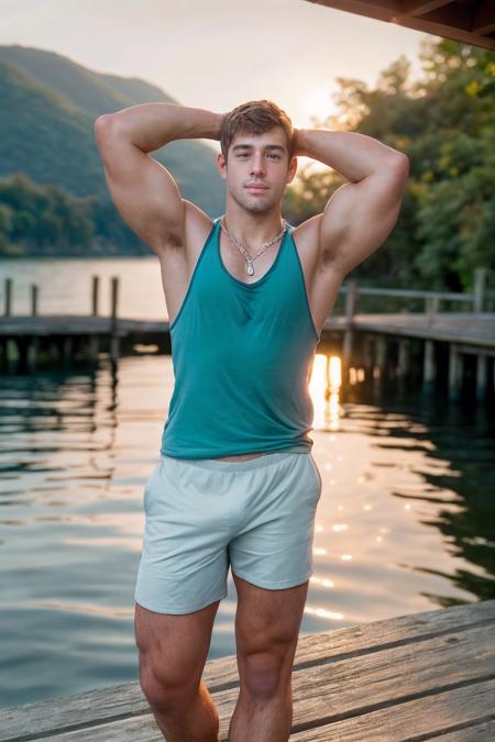 00013-2915103512-full shot photo of dantaiperson  _lora_dan_tai-09_0.8_ posing on a pier, arms behind head, wearing a well-fitted tight teal tank.png